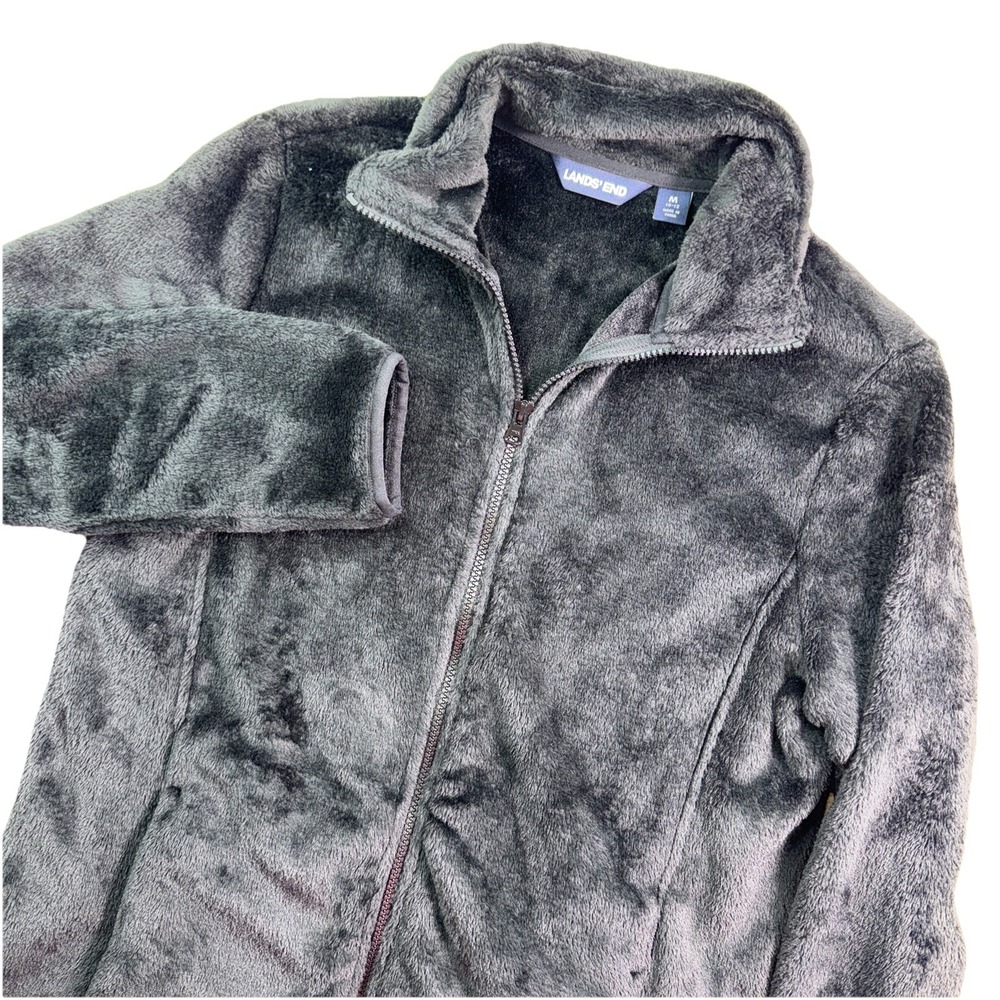 Lands' End Fleece Jacket Women M Charcoal Gray Plush Full Zip‎ Mock Neck Teddy